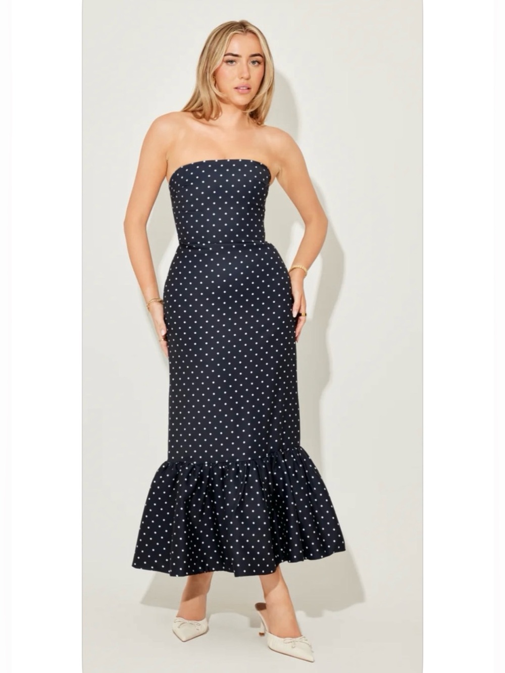 Strapless Navy Polka Dot Dress